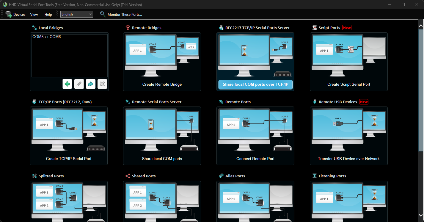 HHD Virtual Serial Port Tools showing COM5 ↔ COM6 Local Bridge