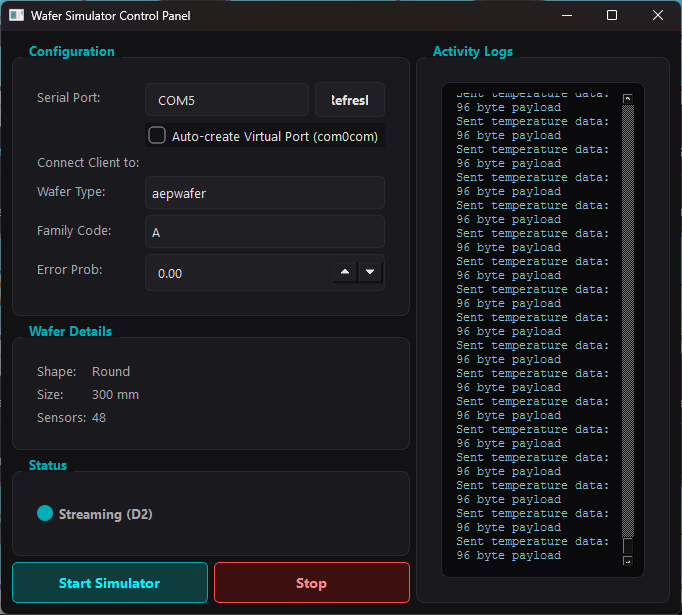 Wafer Simulator Control Panel configured on COM5 and streaming