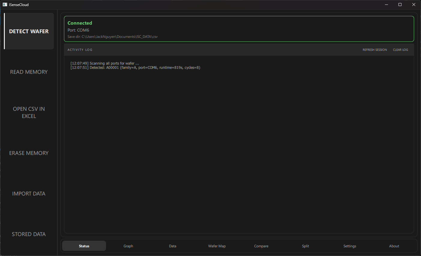 ISenseCloud UI displaying successful connection on COM6
